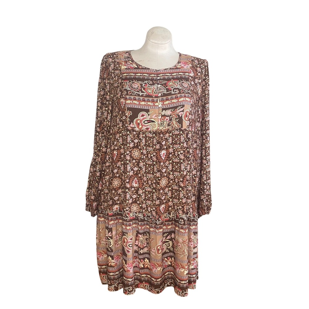 Tribal dress Brown Paisley Floral Tiered‎ Midi Dress Long Sleeve Boho Size L